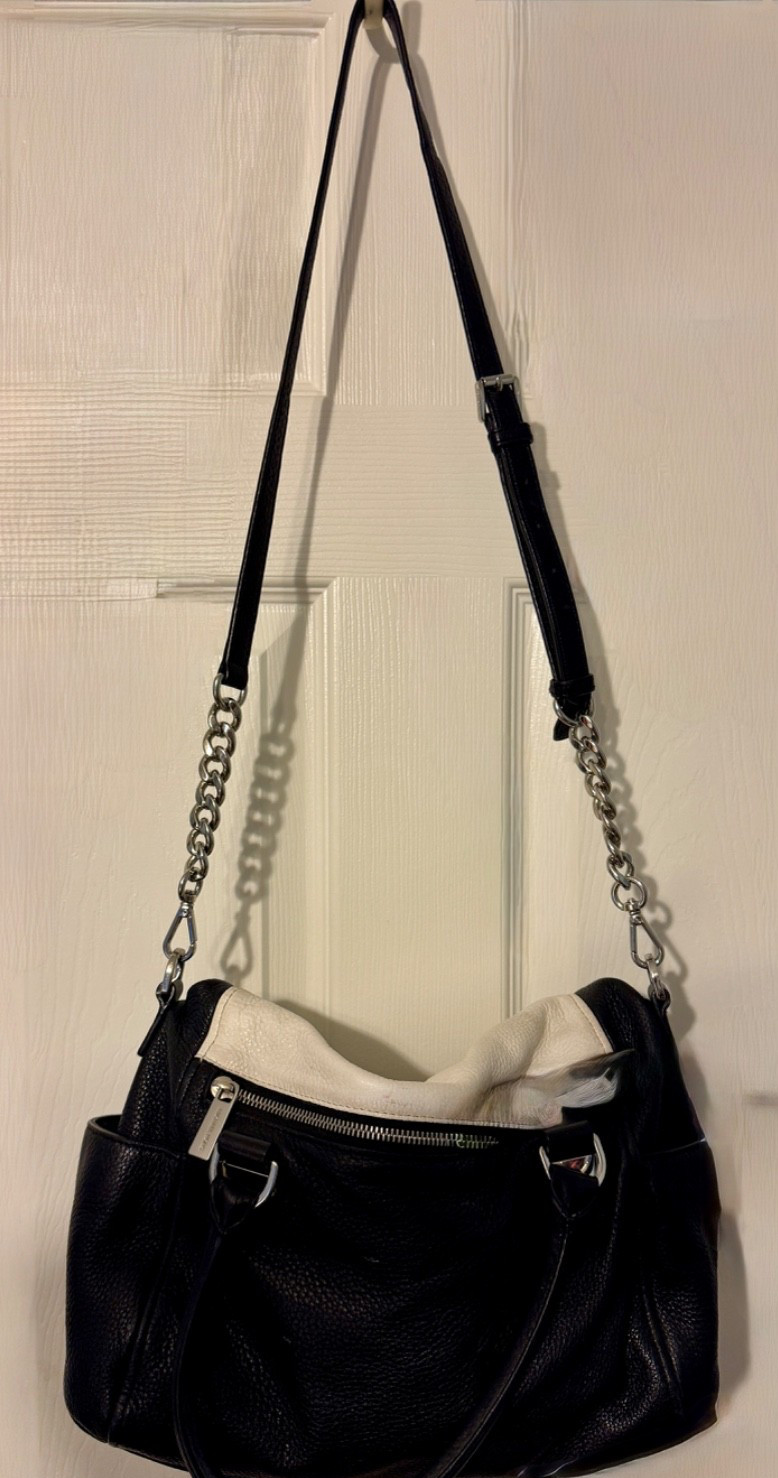 Michael Kors Weston~Black/White Pebbled Leather~Foldover Top Satchel~Chain Strap