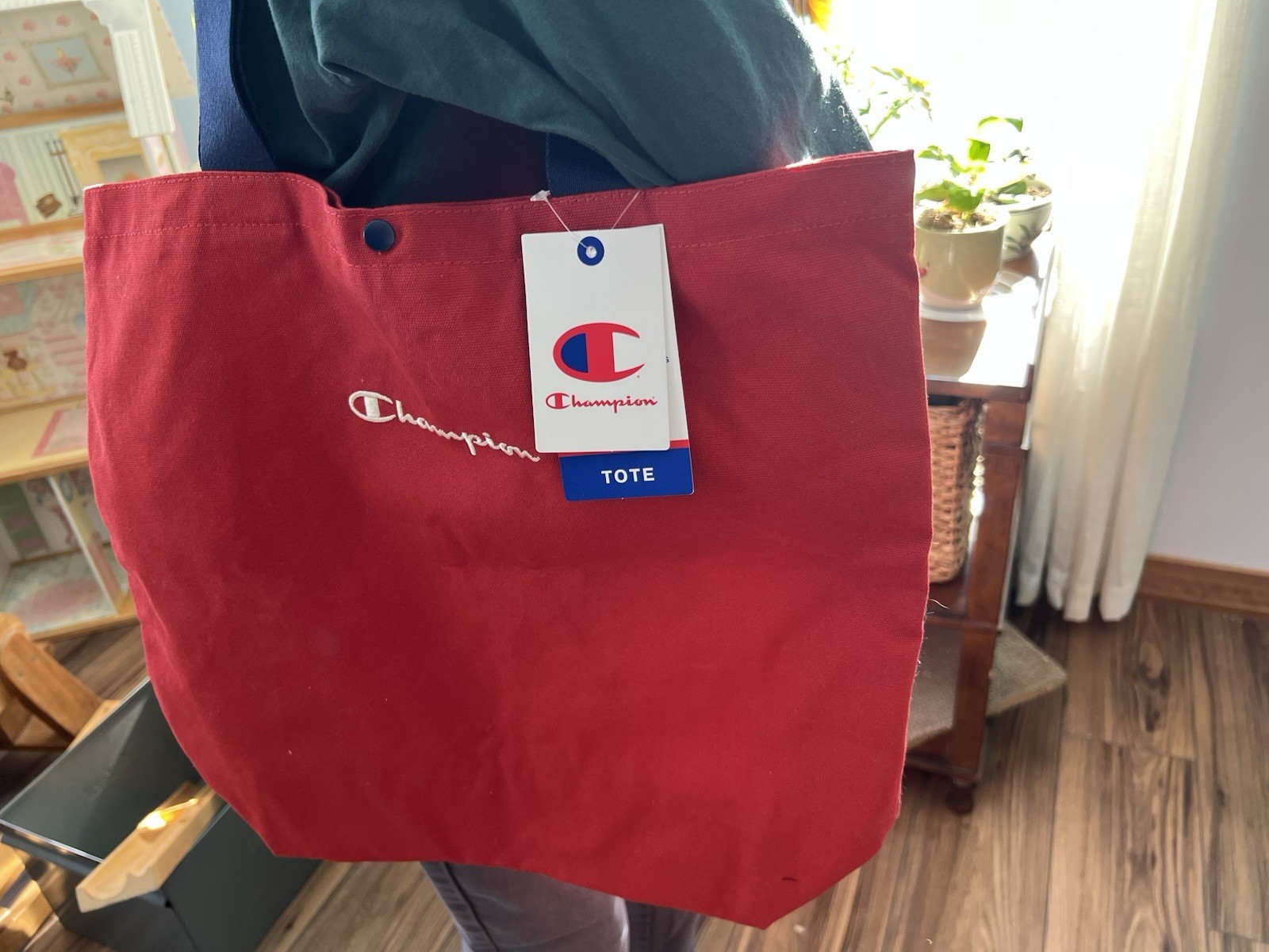 NWT Champion Red Tote with Blue Handles. Snap Closure.