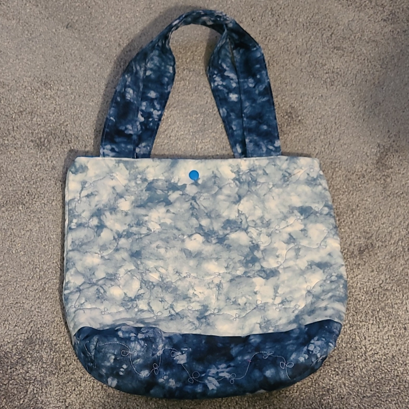 Blue White Marble Tote Bag, Quilted, Snap Closure, Pockets, Blue Lined