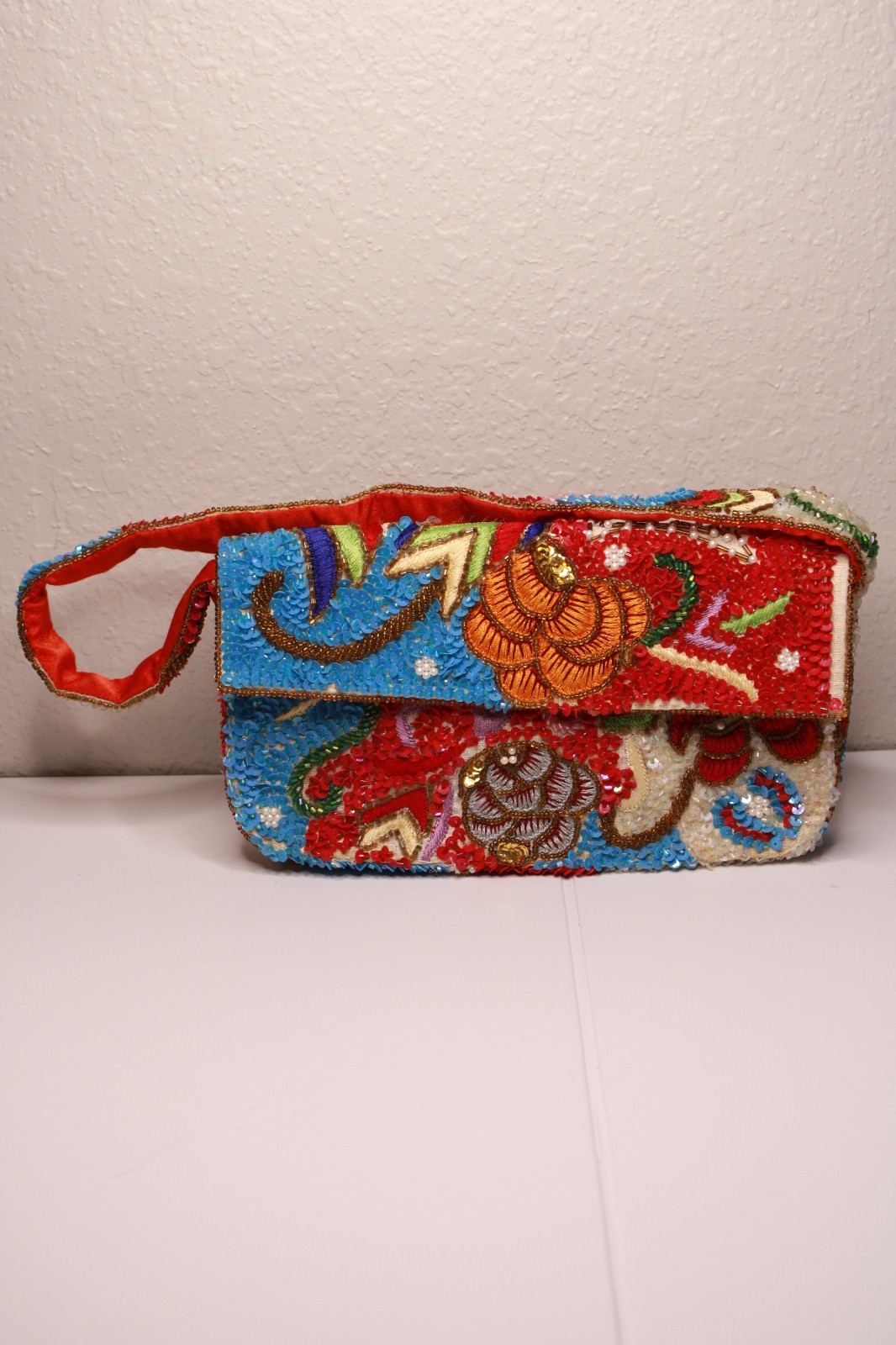 Vintage Hand Beaded Sequin Wristlet Clutch Purse Floral Art Deco Red Satin Lined