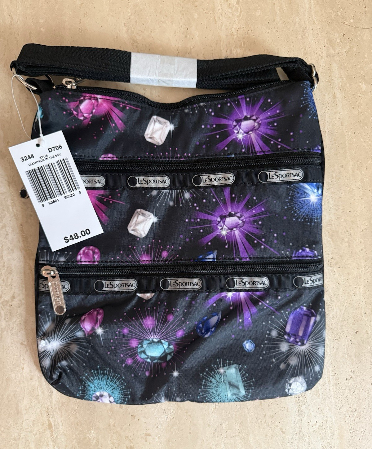 LeSportsac Black Gemstones Print Crossbody Zip Bag w/ Detachable Strap
