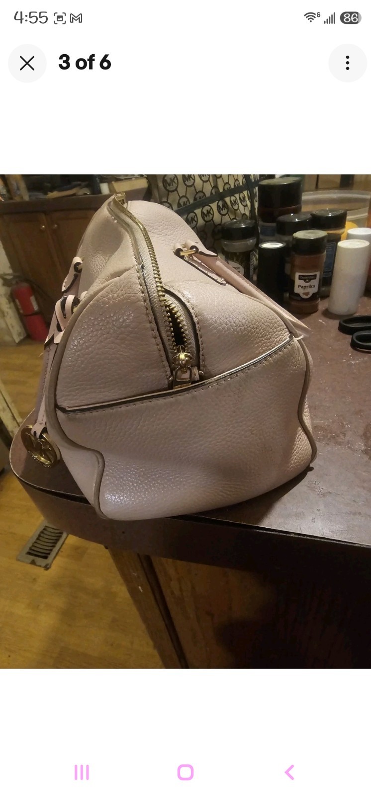 Michael Kors Pebbled Satchel Top Handle Zip Gold Hardware Charm Large Beige