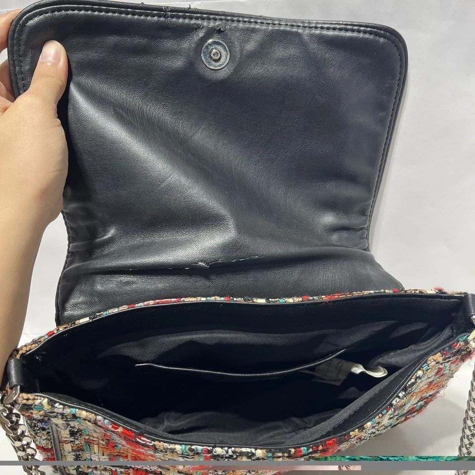 ZARA WOMAN Silver chain & multicolored Tweed BAG long Strap Black Red Blue