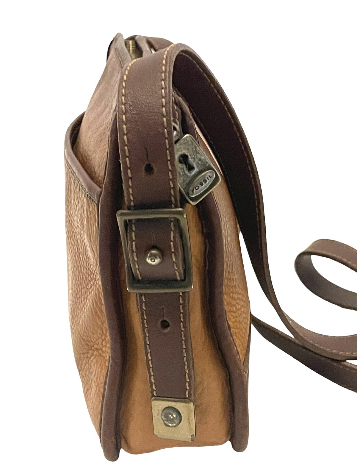 FOSSIL Authentic Vintage Two Tone Brown Key Charm Small Crossbody Bag Purse