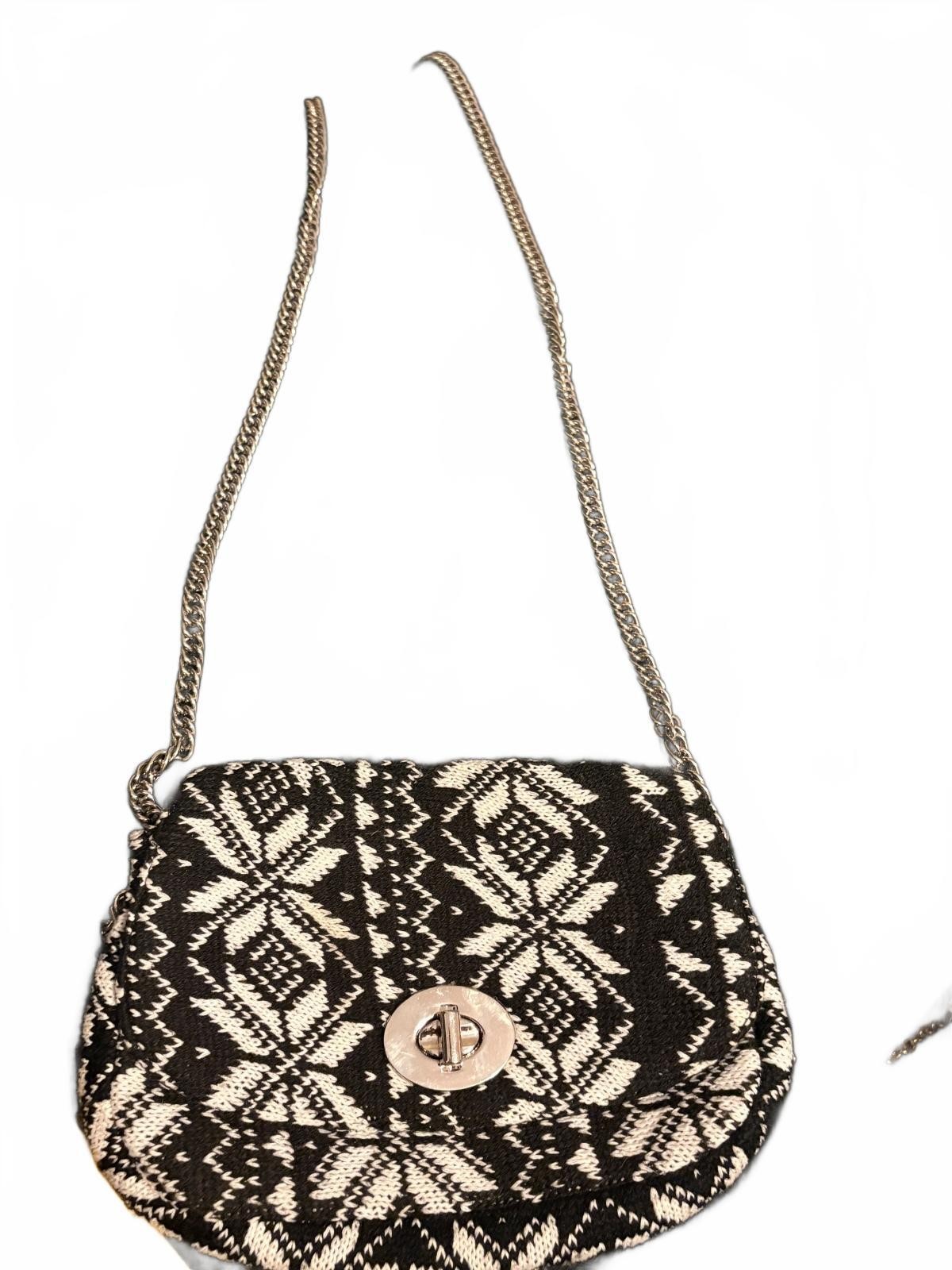 Bohemian Black and White Woven Crossbody Bag with Chain Strap