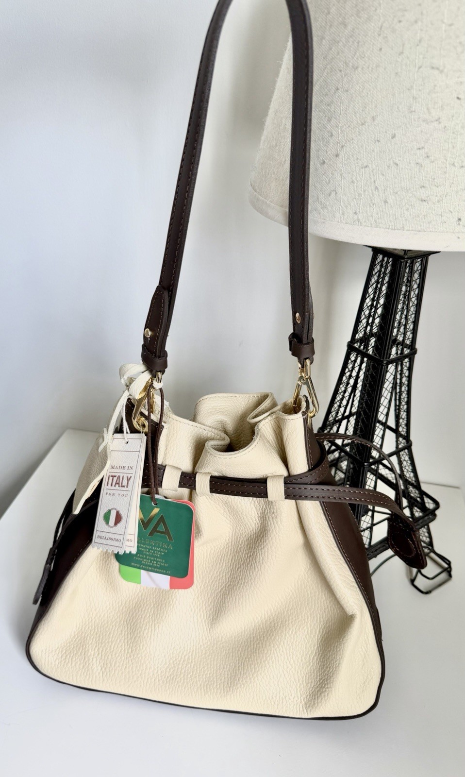 Valentina Pell Italian Leather Drawstring Purse Dark Brown and Cream