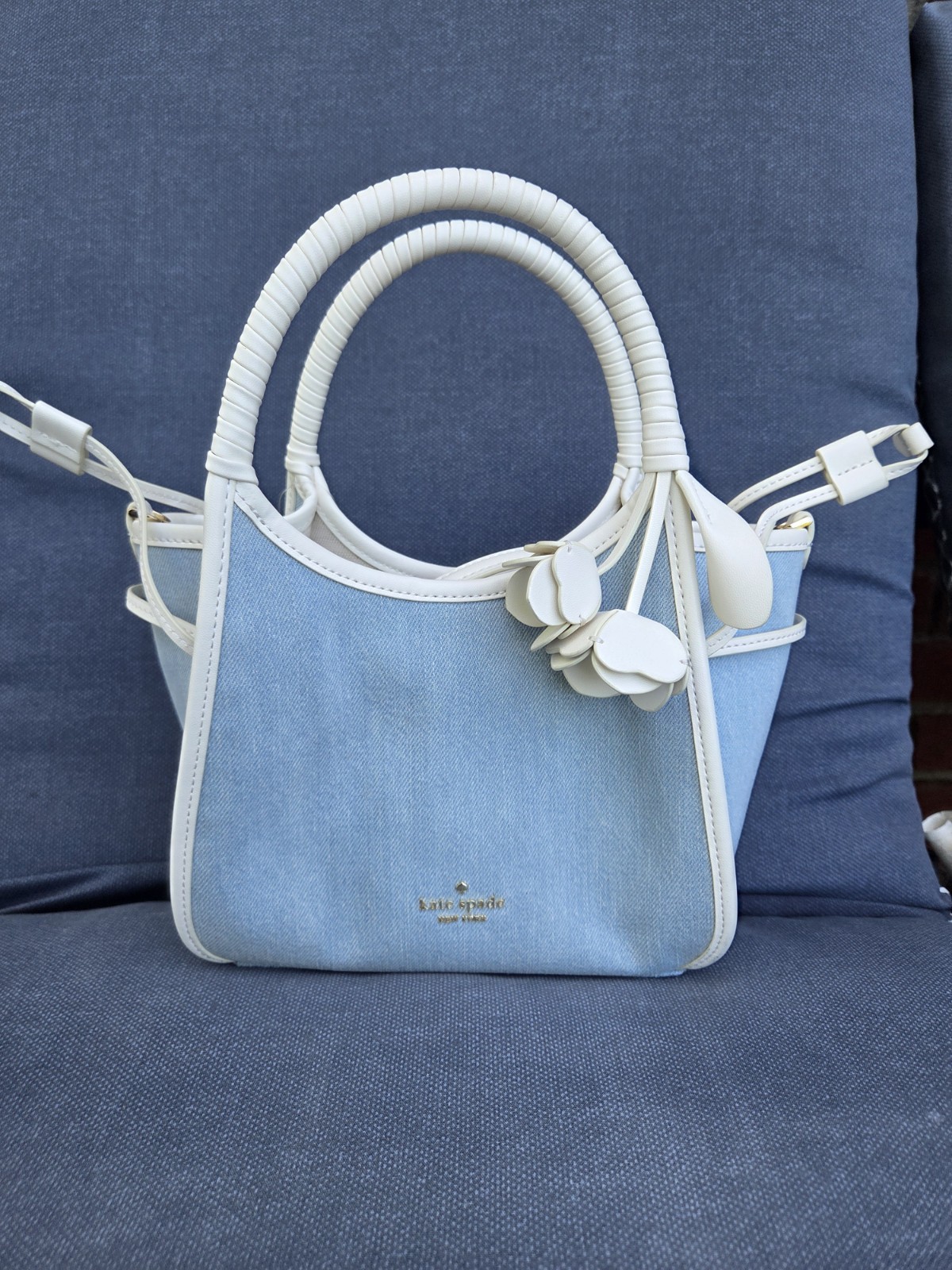 Kate Spade New York Mini Blue Denim Floral Appliqué Top Handle Crossbody Bag