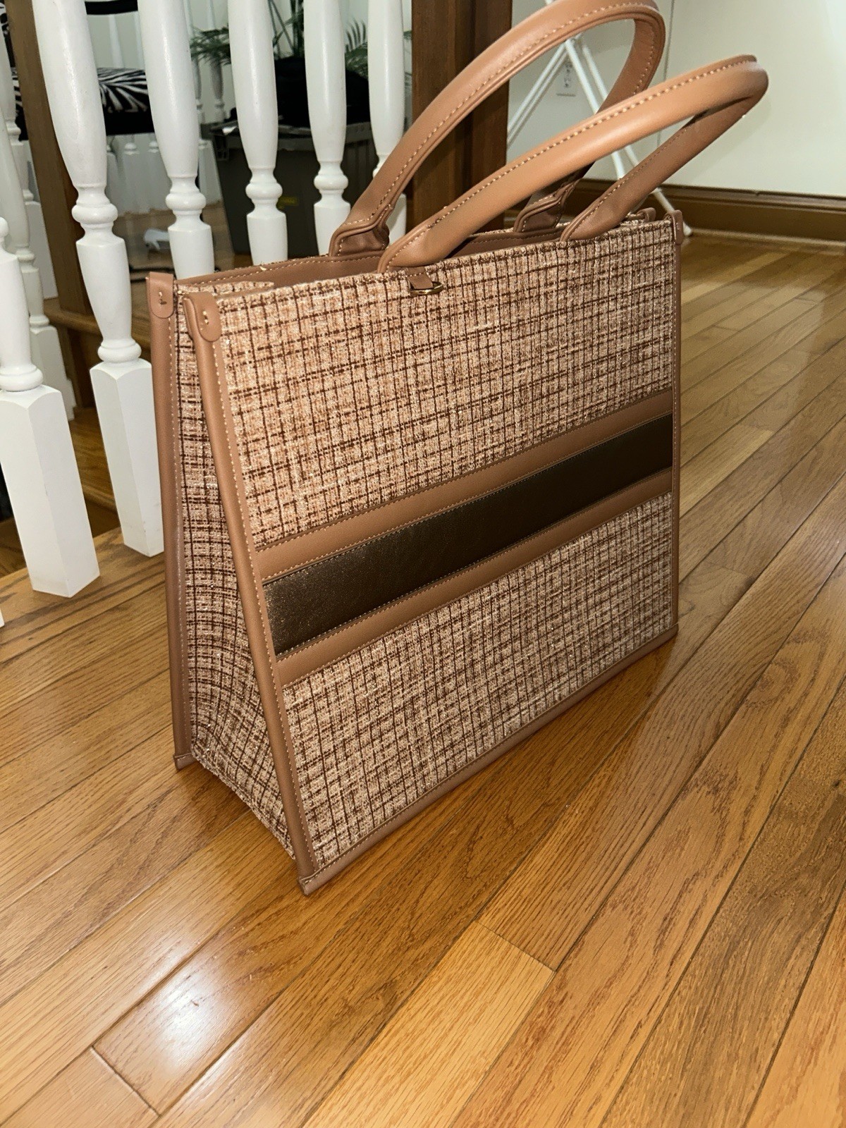 Versona Large Brown Tweed Tote Bag Purse Plaid with Zipper