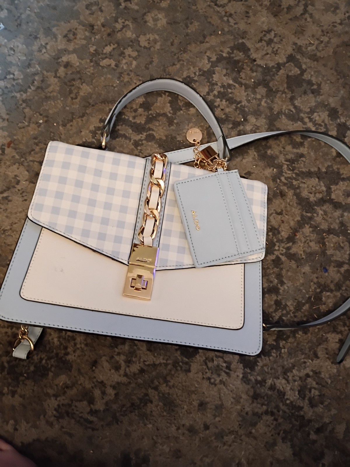 ALDO Blue/White Gingham Crossbody Bag Gold Chain Turn Lock, Coin Purse