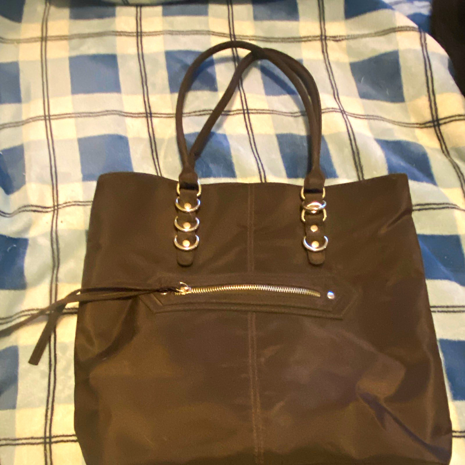 Brown Large Solid Tote Zip Bag Front Zip Pocket Silver Hardware Detach Strap