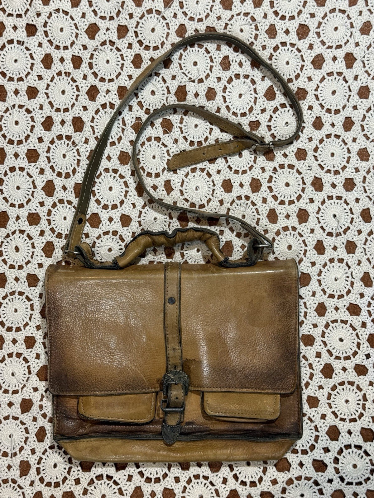 Vtg Brown Leather Bag Purse Crossbody Western Boho Work School Distressed