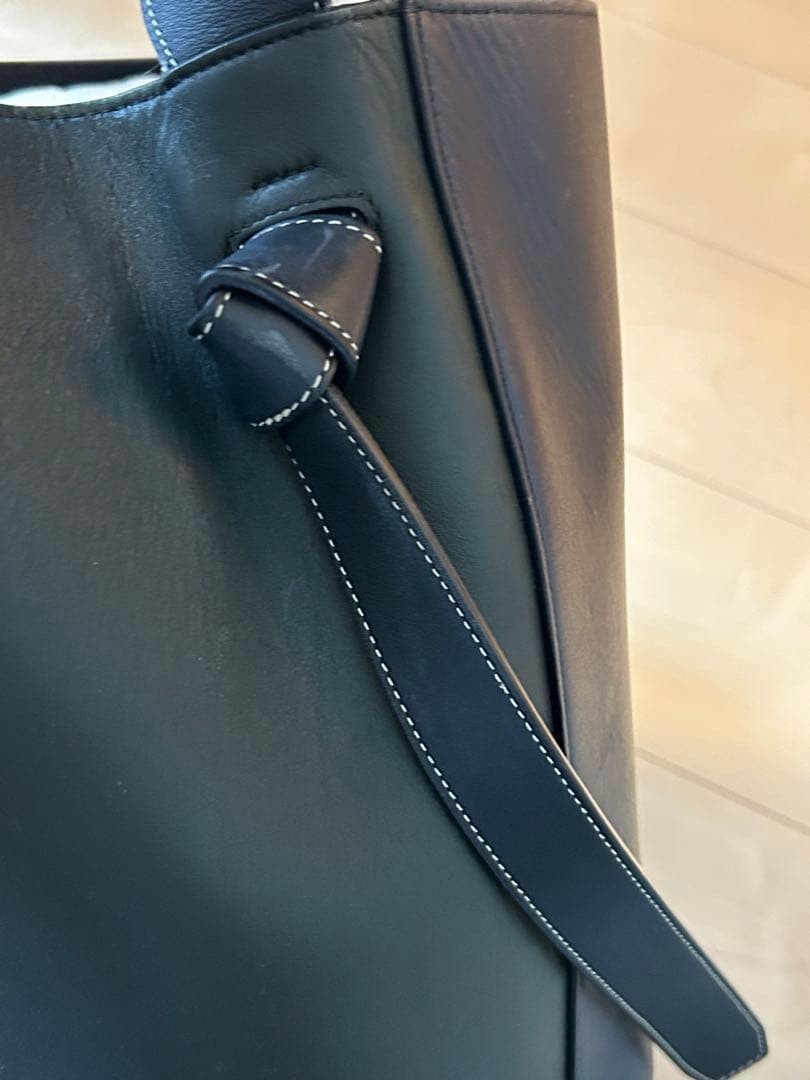 Auth Old Celine Twisted Cabas Navy Green Smooth Calfskin Leather Hobo Bag Used