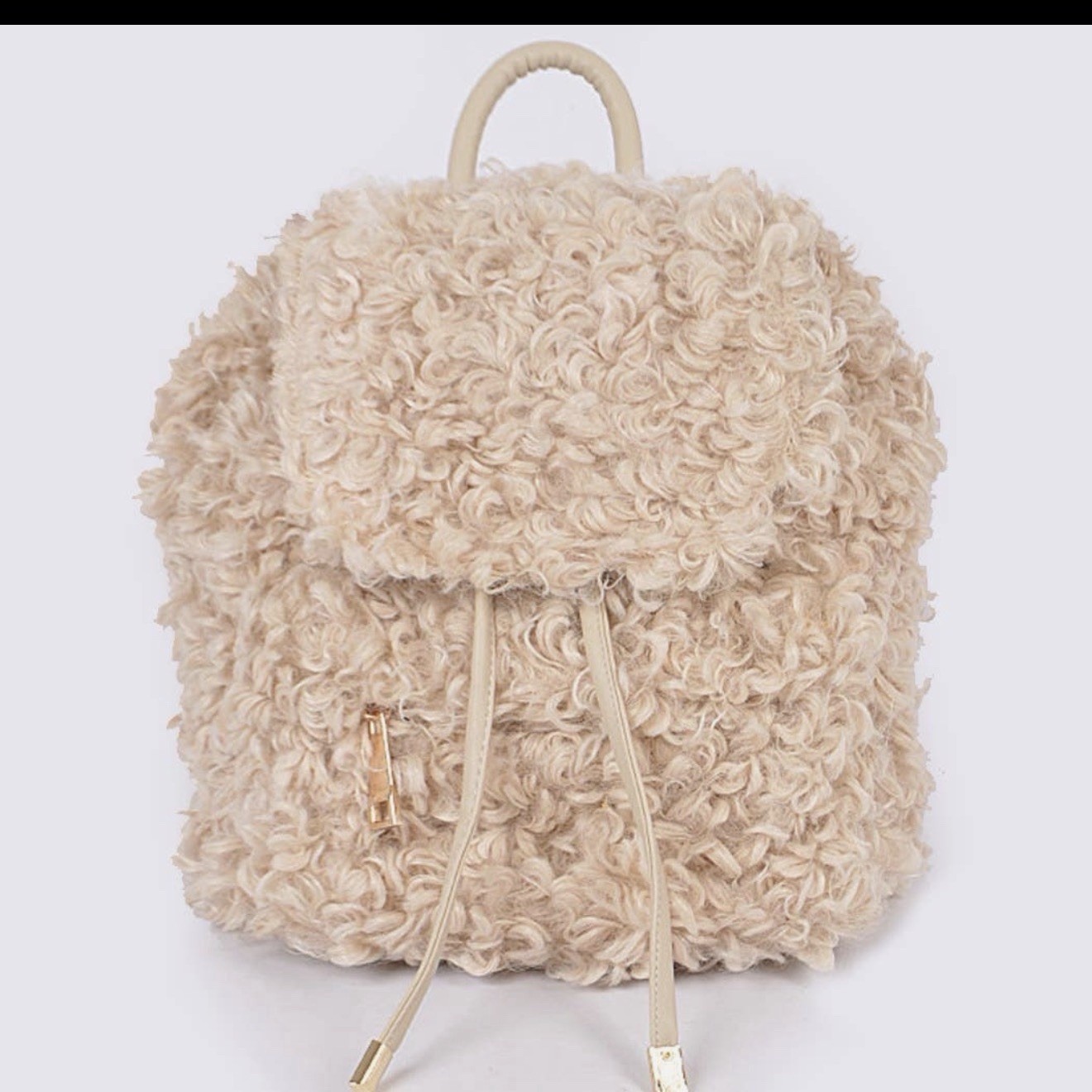 Beige Drawstring Backpack Top Handle Adjustable Strap Gold Hardware Women