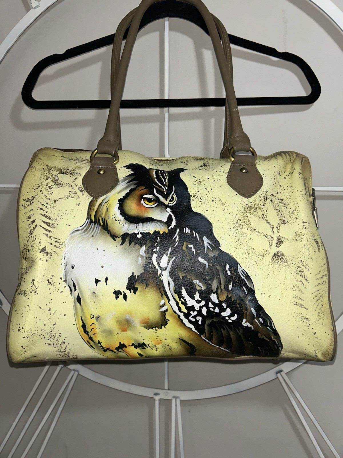 Yellow Owl Print Satchel Bag Brown Handles Zip Animal Art Nature