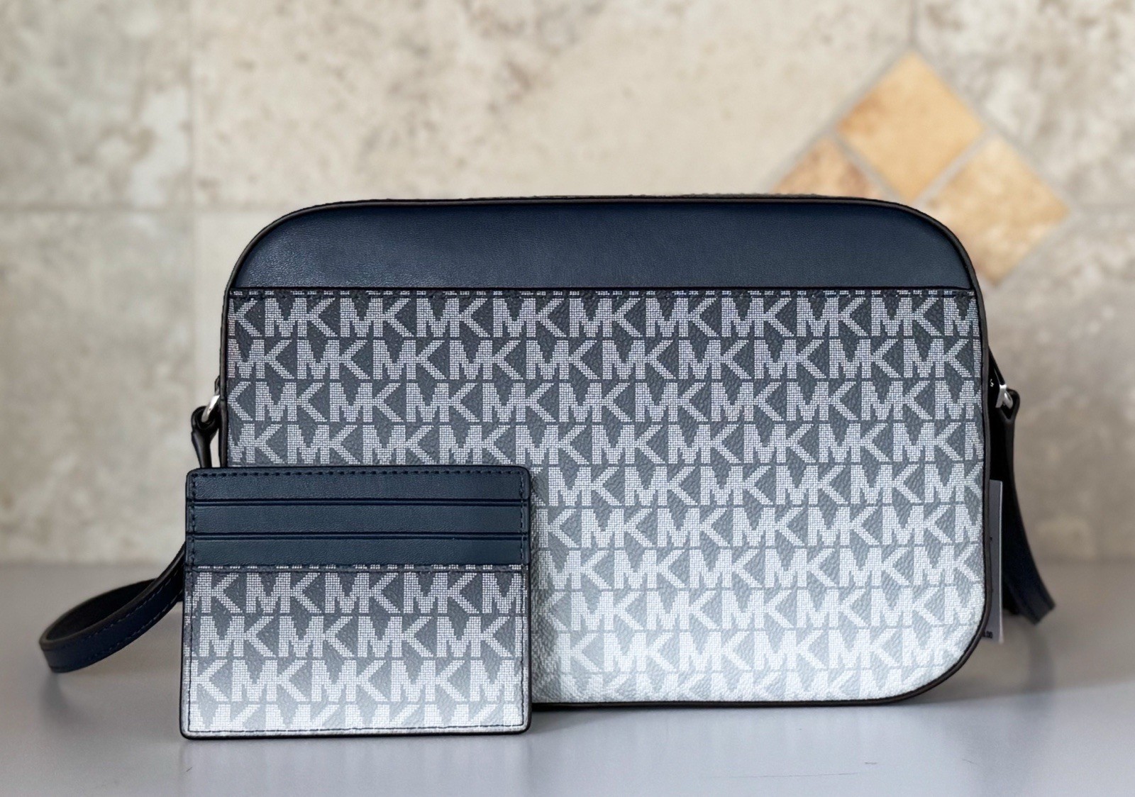 Michael Kors Jet Set Item Chain Crossbody Bag + Card Case Wallet MK Ombré Navy