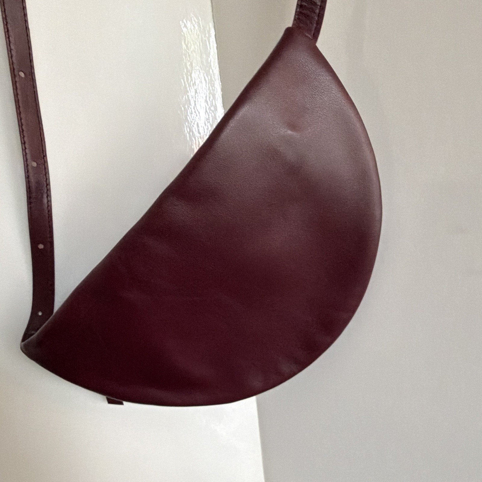 LAMARI Berlin Burgundy Crescent Crossbody Bag Gold Hardware Zip Closure