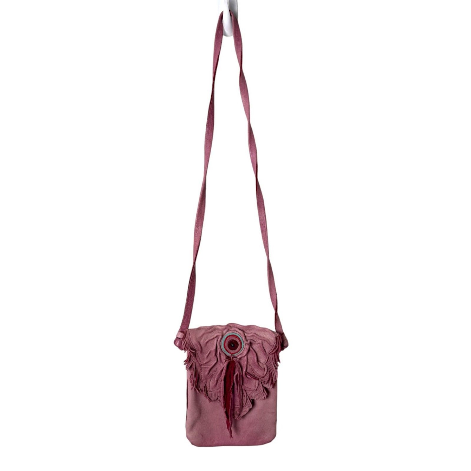 Vicki Love Leather Artisan Crafted Pink Purple Fringe Crossbody Purse Handbag