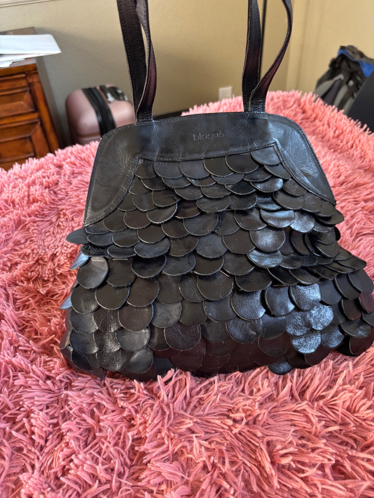 Blaquè Black Leather Shoulder Bag Scalloped Patchwork Purse Made in Argentina