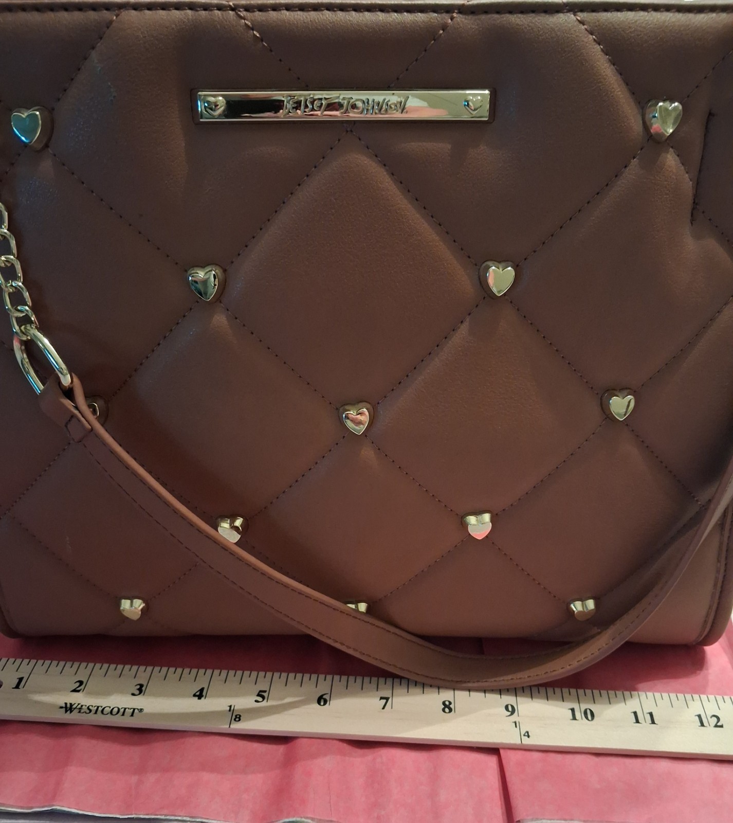 Betsey Johnson Brown Quilted Heart Studded Shoulder Bag, Zip, Floral Lining