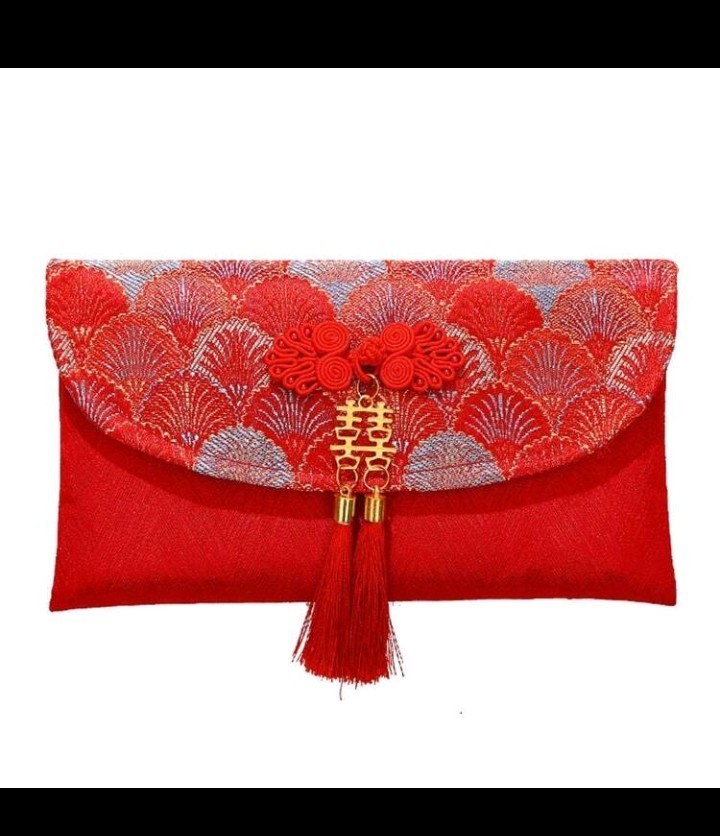 Women’s Small Red Embroidered Floral Clutch, Double Happiness, Tassel, Magnetic