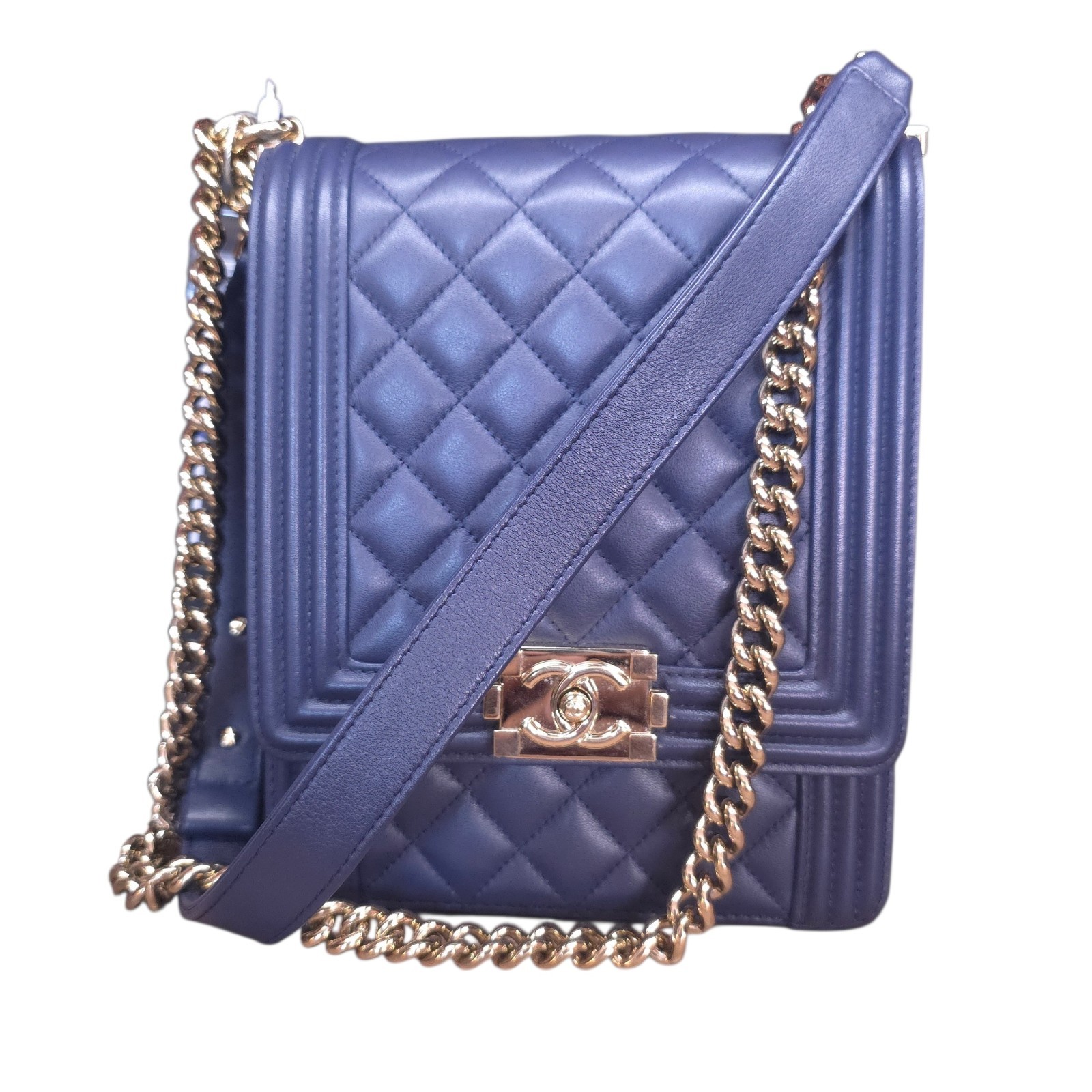 CHANEL North South Le Boy Upright Chain Shoulder Leather Bag Blue Leather
