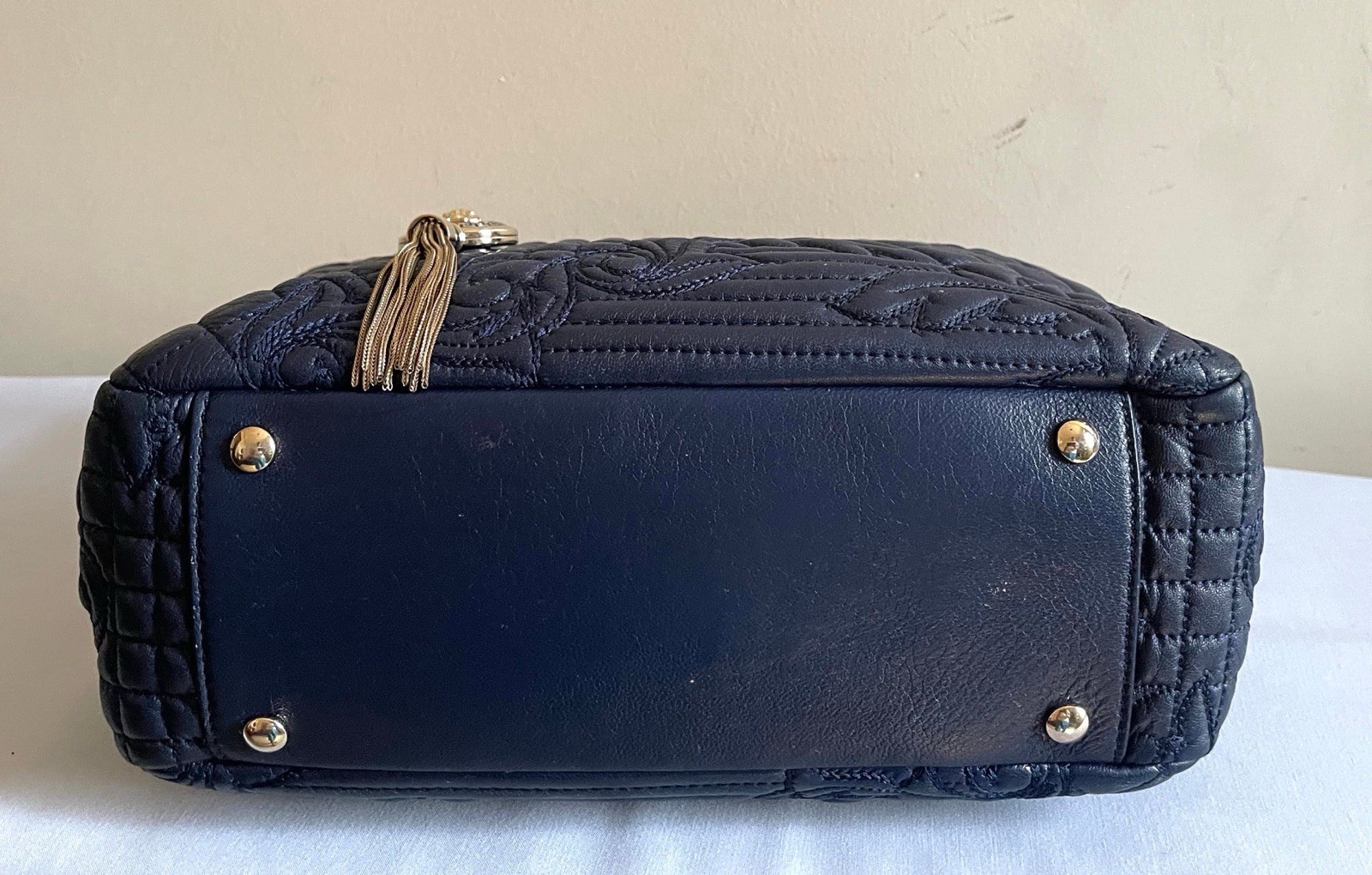 Versace Navy Blue Leather Demetra Vanitas Satchel Bag