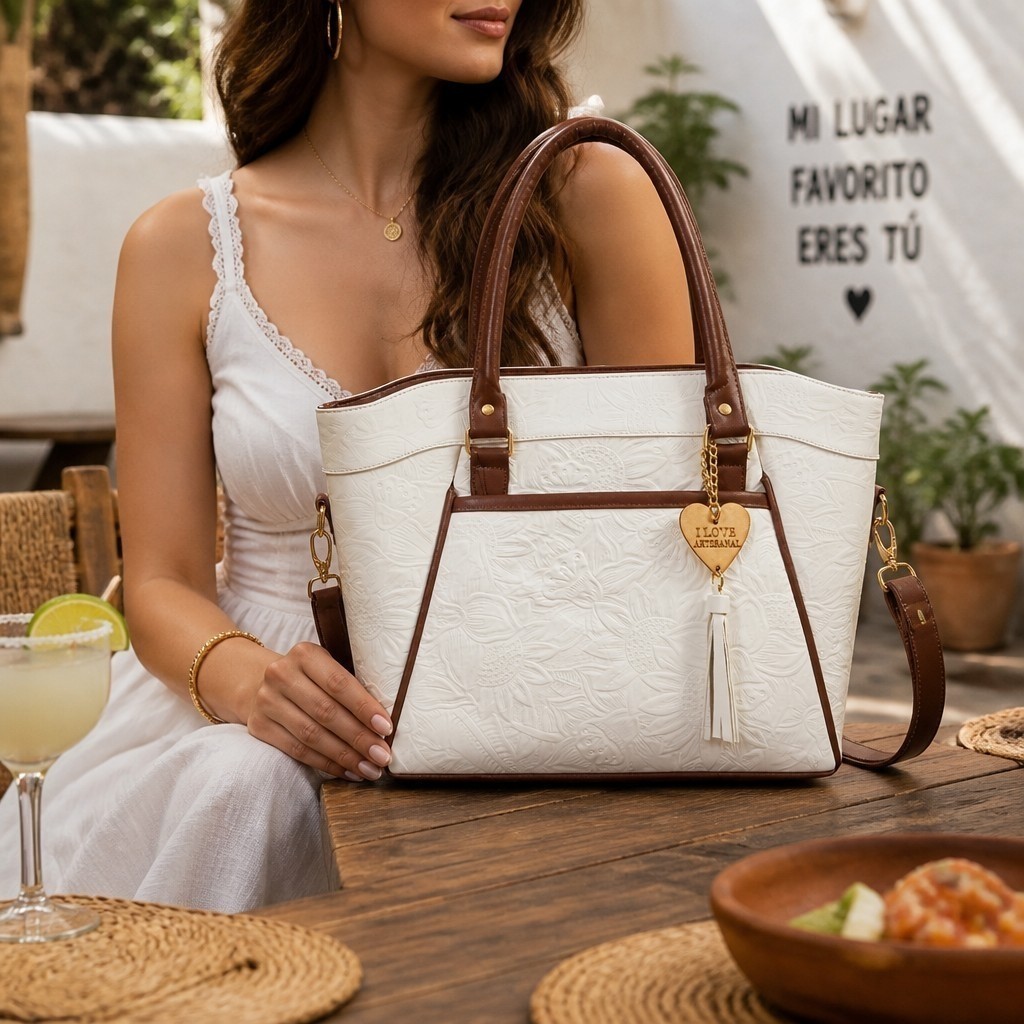 Sunflower White Brown Embossed Tooled Artisan LEATHER Purse Handbag Shoulder Bag