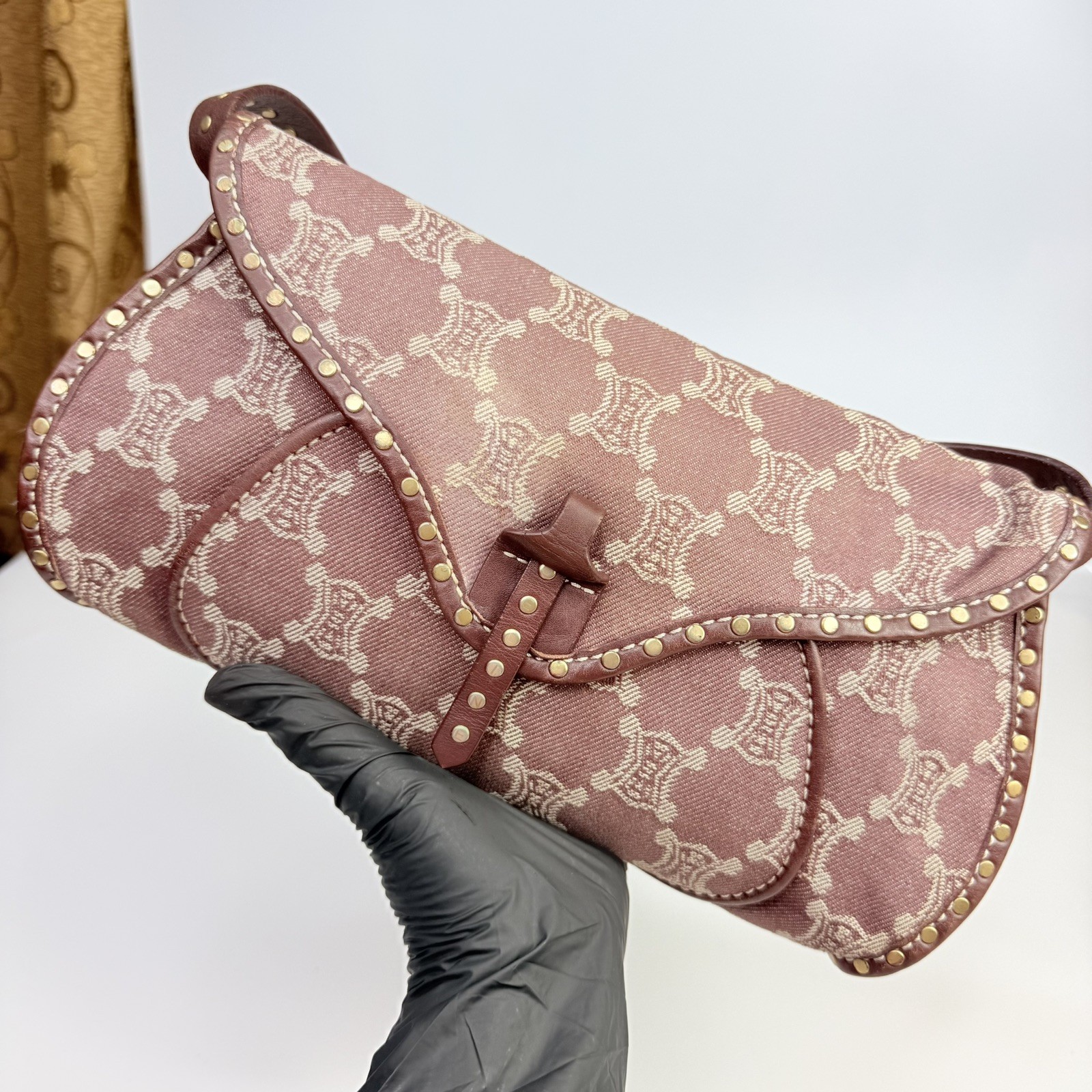 Celine Denim Triomphe Monogram Studded Poulbot Shoulder Bag in Burgundy Colour