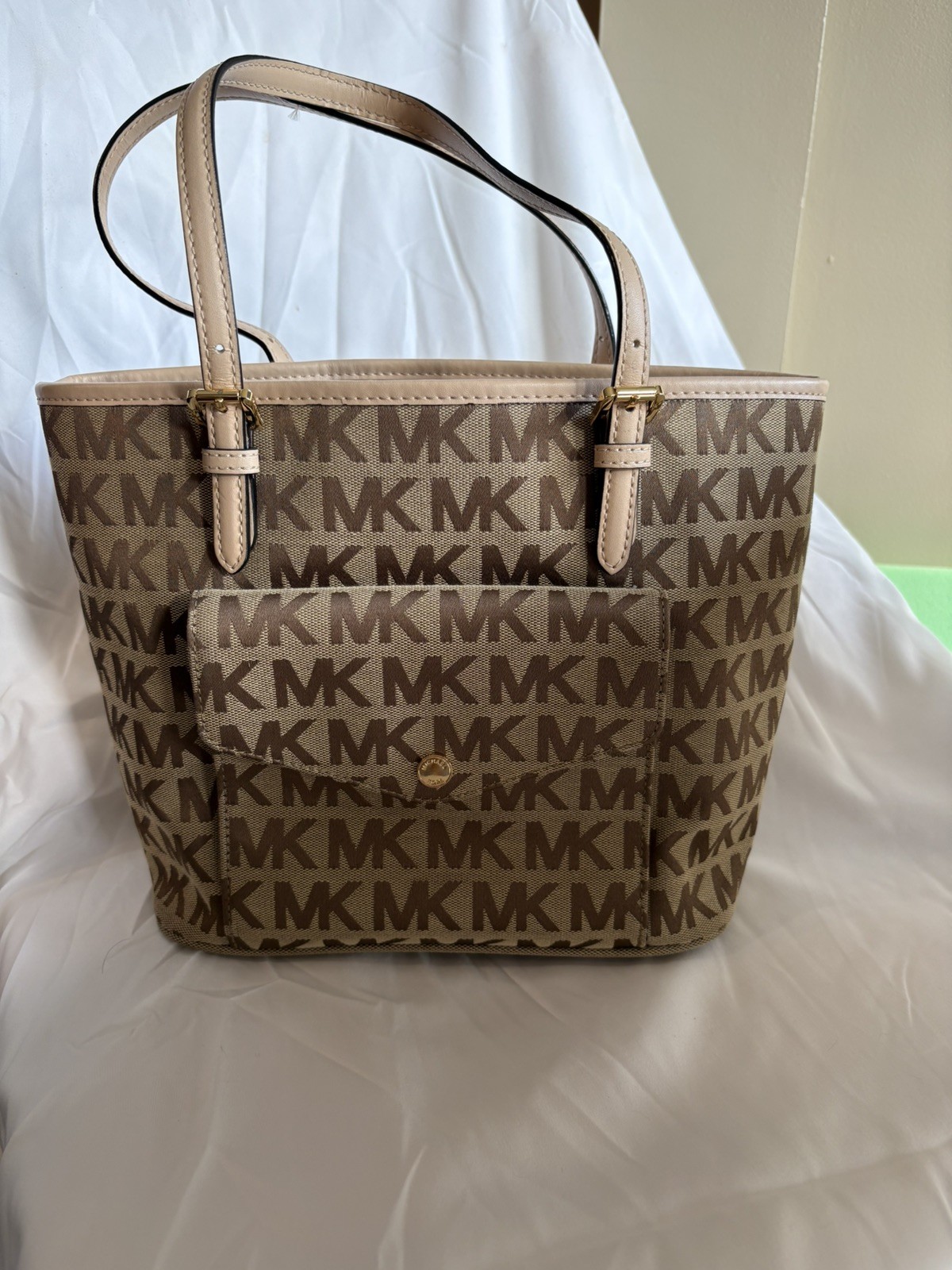 Michael Kors Jet Set Handbag Tote Signature Logo Large Brown Side Pockets