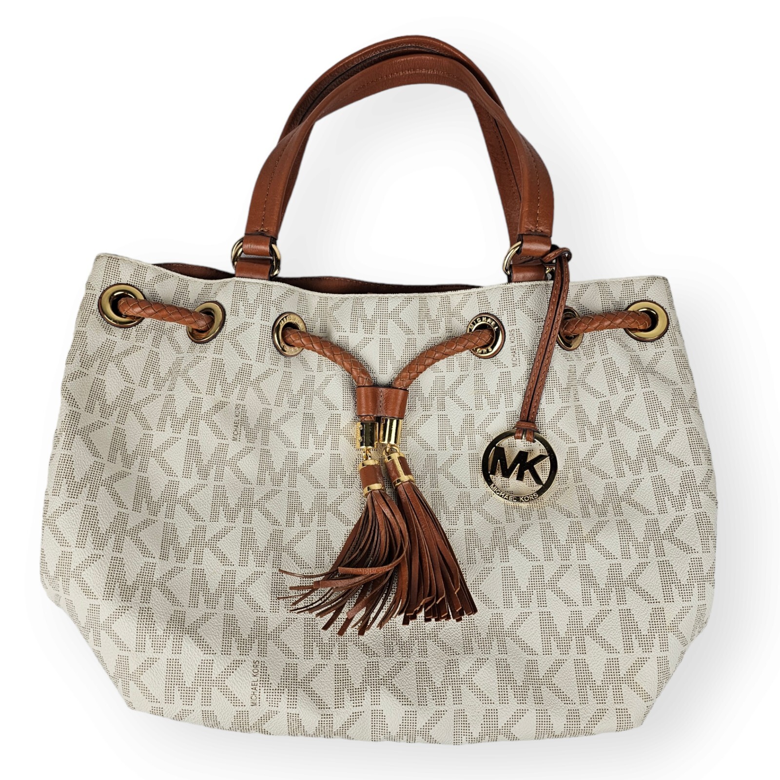 Michael Kors Jet Set Gathered Logo MK Pattern Drawstring Large Shoulder Bag PVC