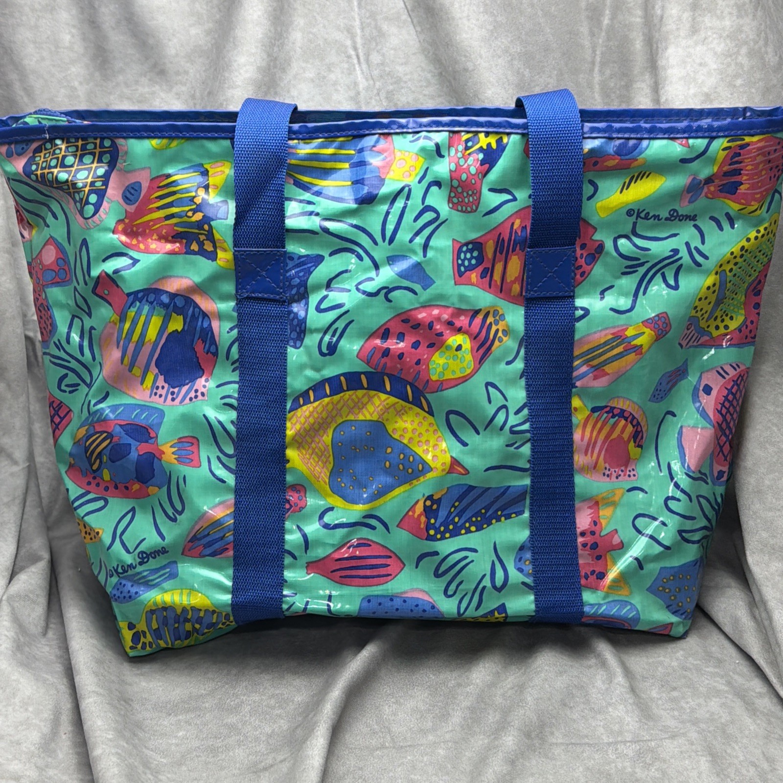 Ken Done Tote Bag Teal Blue Fish Ocean Beach Water Resistant Zip Up Vintage B15