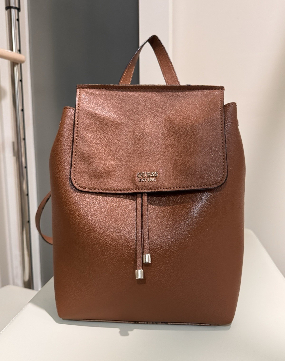 GUESS Brown Pebbled Backpack Drawstring/Snap Top Handle Adjustable Straps