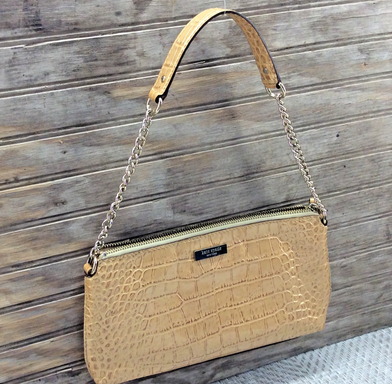 Kate Spade Knightsbridge Shoulder Bag Gold Croc Leather Gold Chain Zipper Close