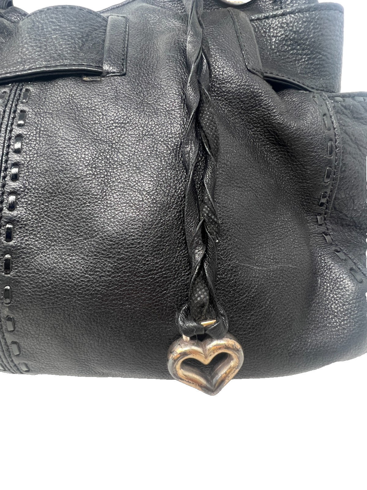 Brighton Black Pebble Leather Bow Shoulder Bag Purse Scroll Brass Heart Charm