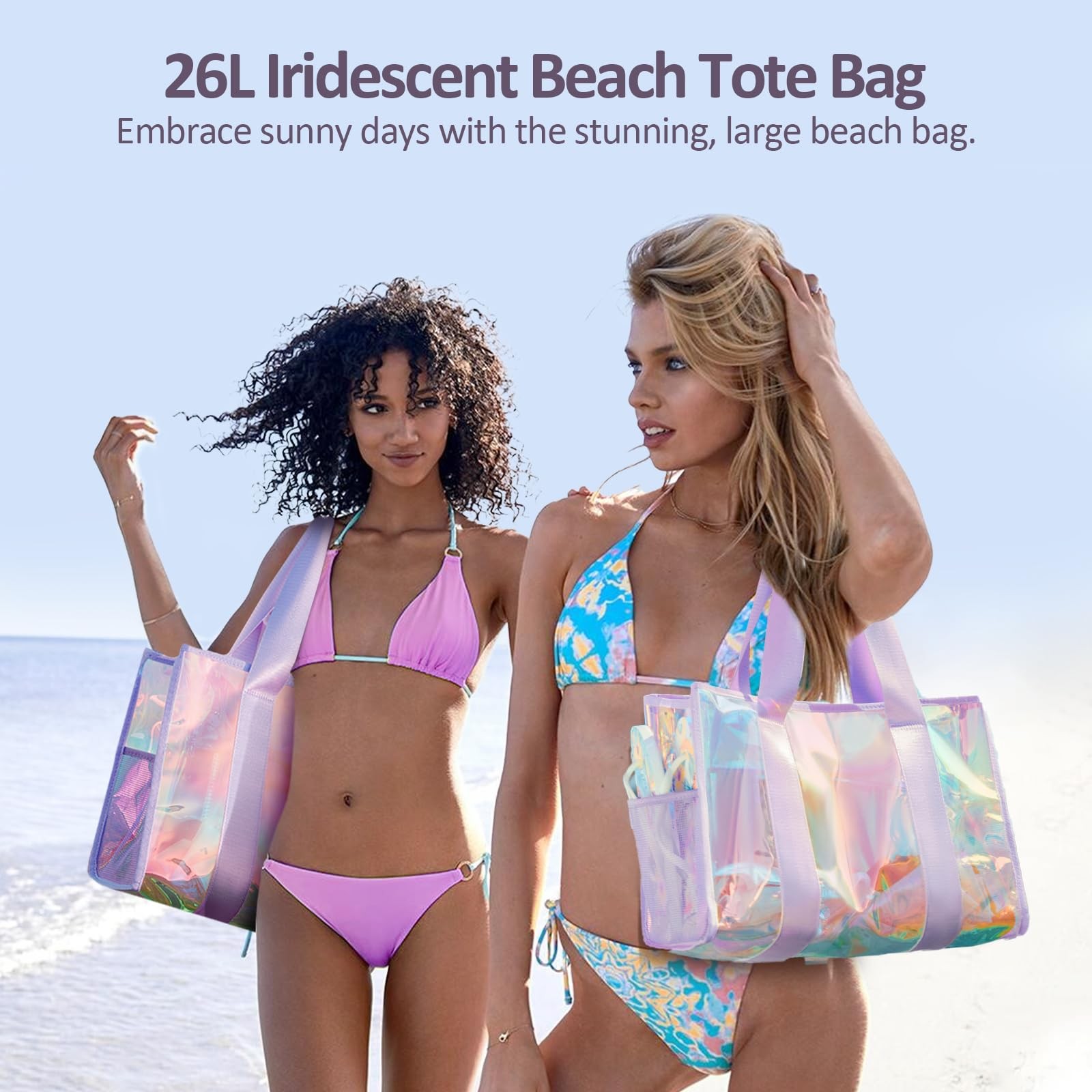 Beach Bag 26L Large Iridescent Waterproof Beach Tote Bag for Women with Zippe…