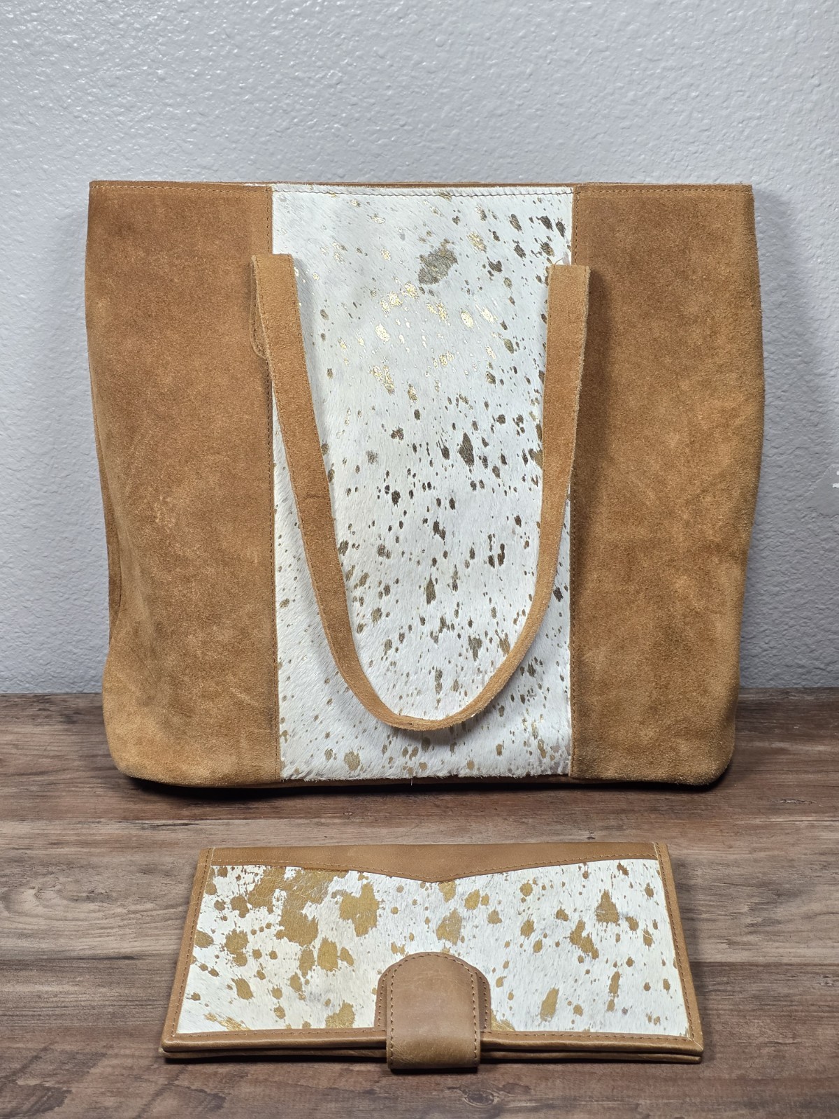 Jane Marie Large Cow Hair On Suede Leather Gold Foil W/ Wallet Set