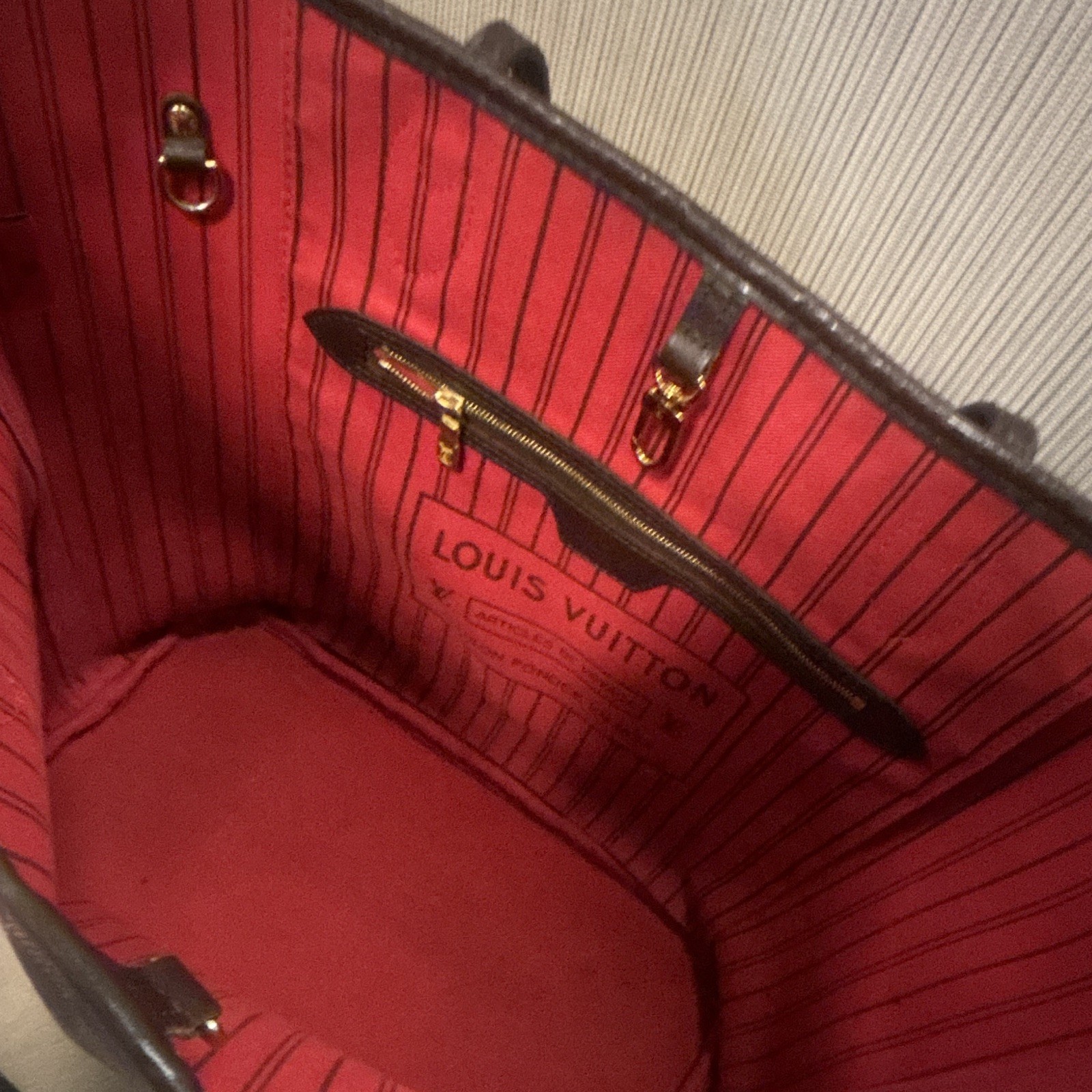 Louis Vuitton Neverfull MM Damier Ebene Tote Bag Brown Red Lining