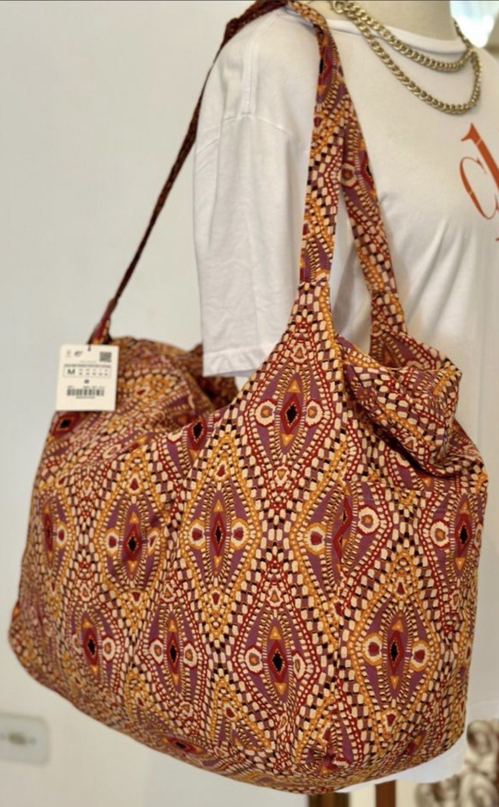 ZARA Cotton Fabric Shopper Cloth Shoulder TOTE Bag Zipper and Pockets XLarge NEW