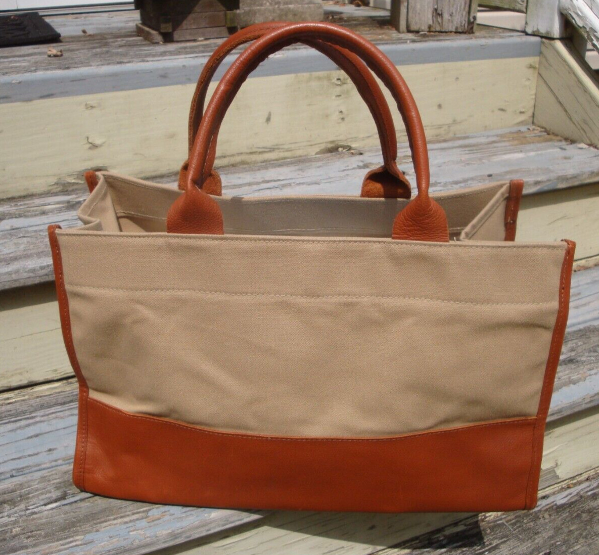 FOX NEWS Large Boat Tote Shopper Heavy Canvas Leather Brown Beige Beach Bookbag