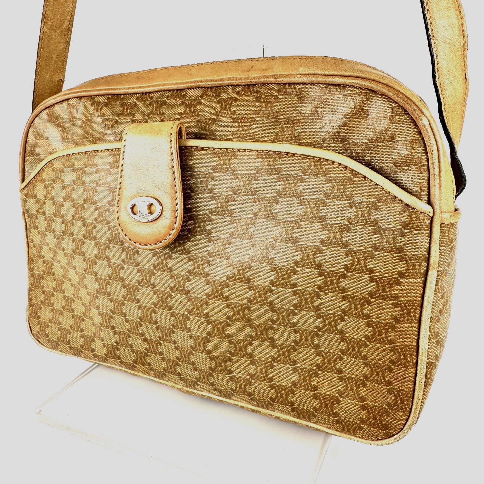 CELINE Vintage Triomphe Macadam PVC Leather Cross Body Shoulder Bag Brown Auth