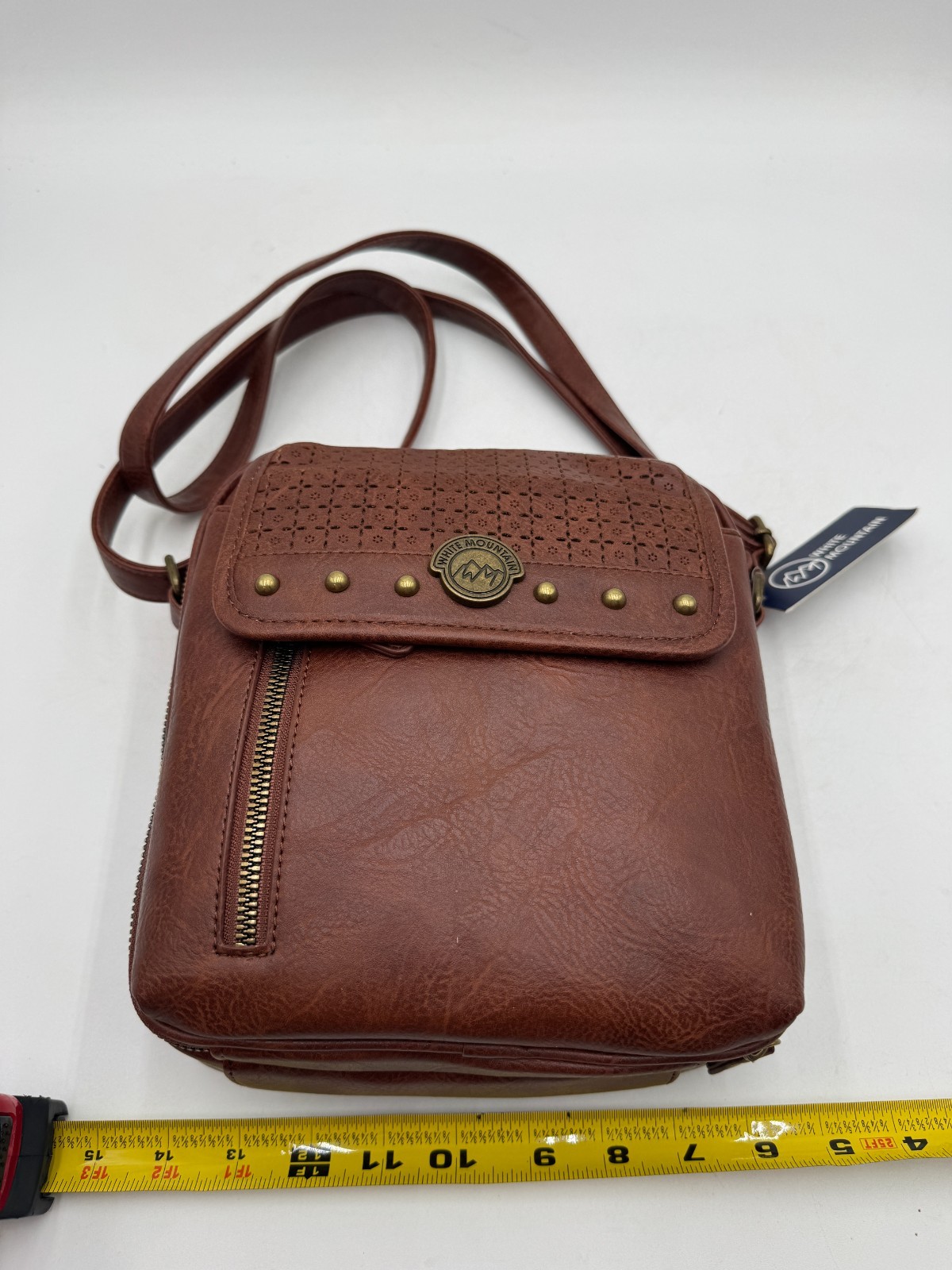 White Mountain Farrington Hill Crossbody Bag Saddle Leather Laser Cut Studded