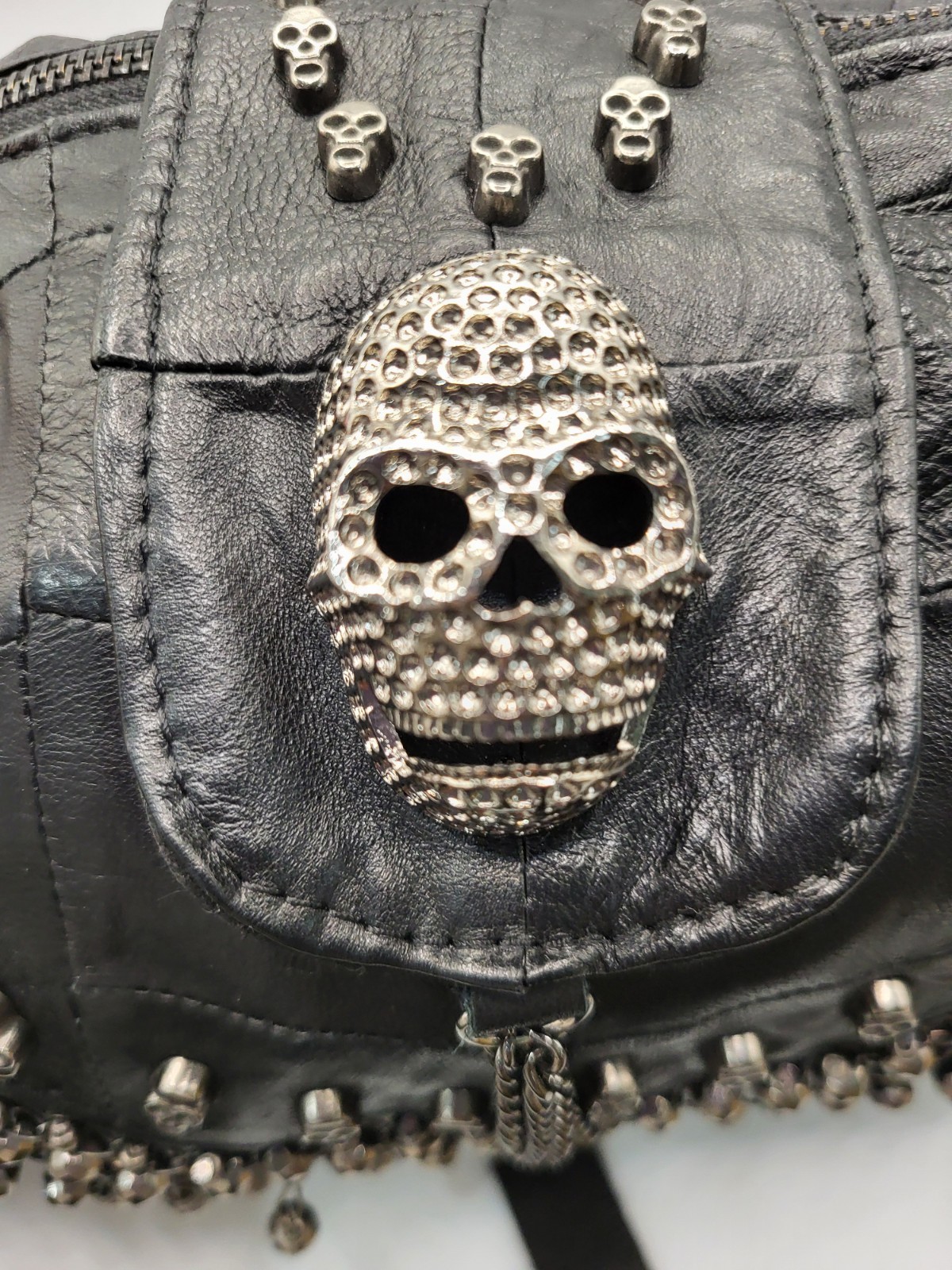 MG Collection Skull Studded Fringe Beads Handbag Punk Gothic Black Leather CLEAN