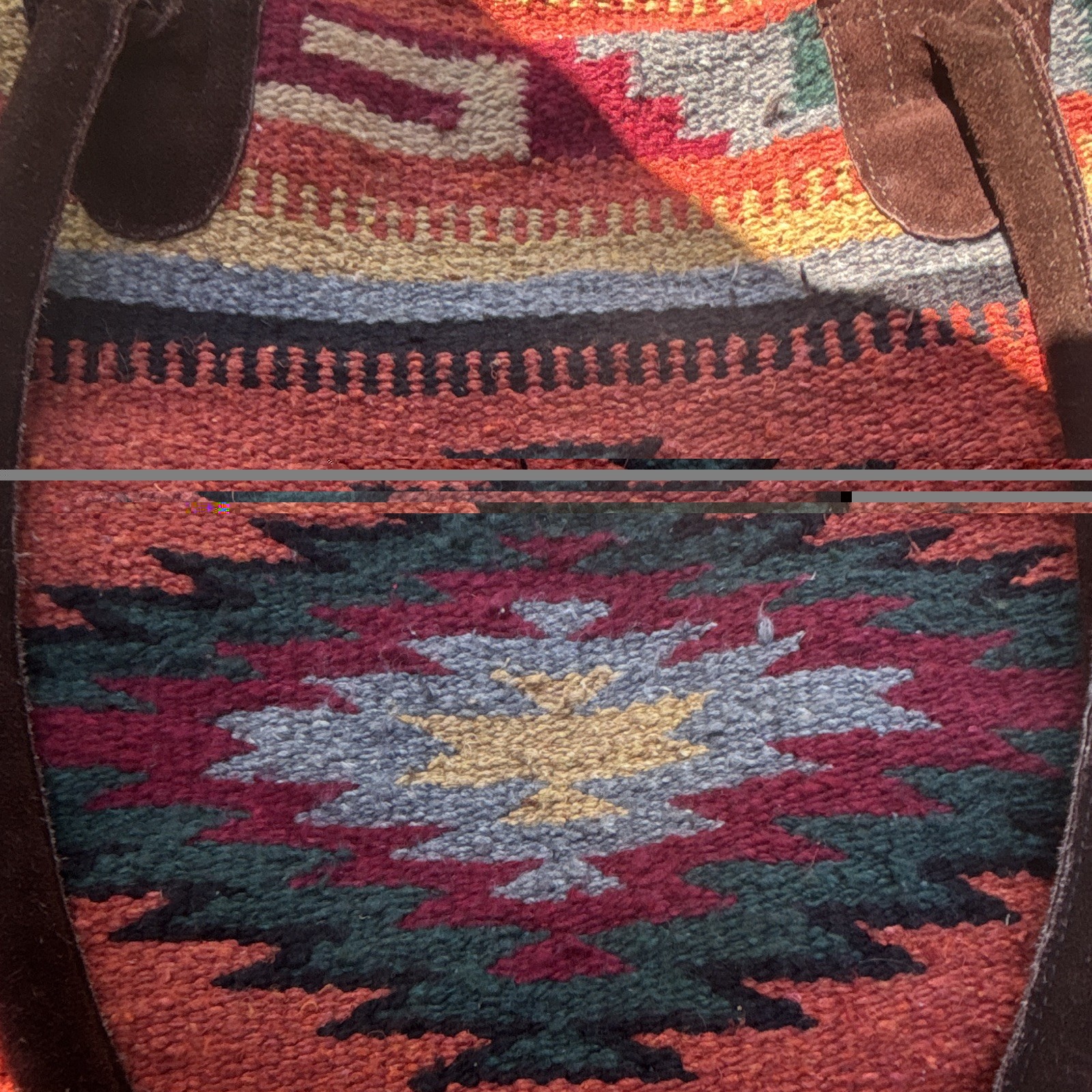 Multicolor Aztec Tote Bag Suede Double Handles Zip Top Lined Pockets 17×17 inch