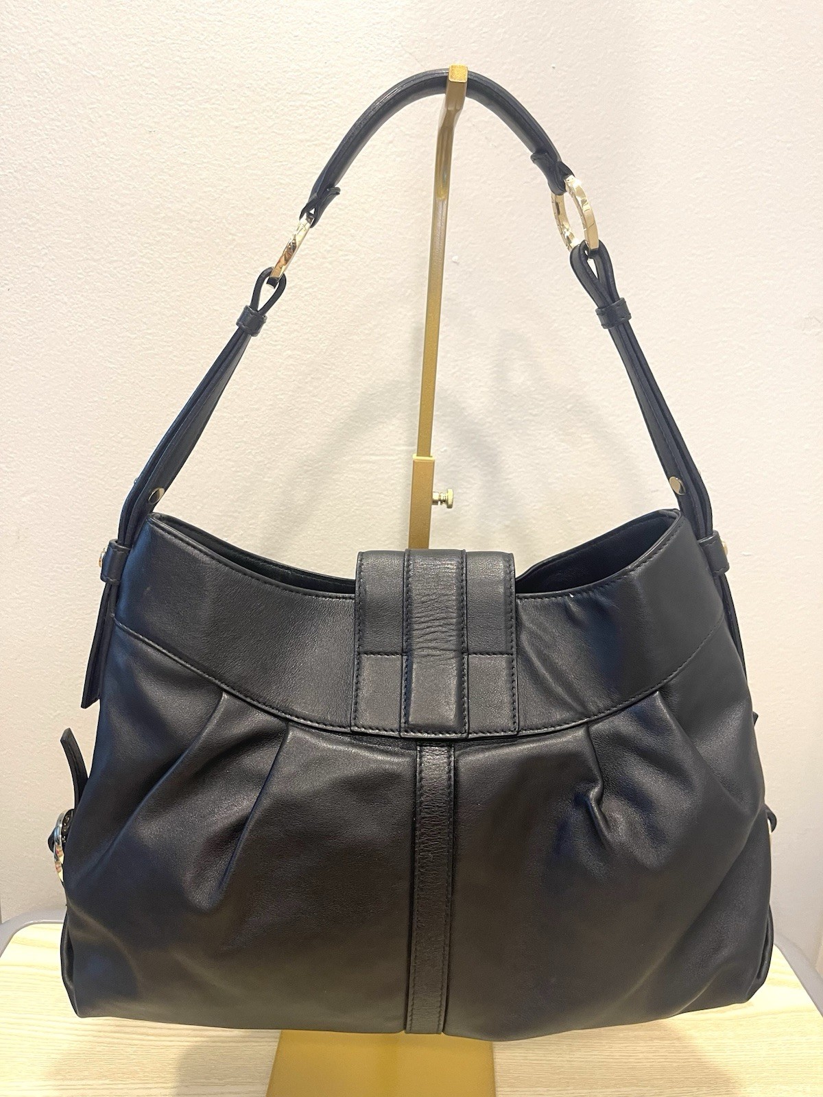 BVLGARI Women’s Black Shoulder Bag Gold Hardware Logo Buckle Zip Detachable