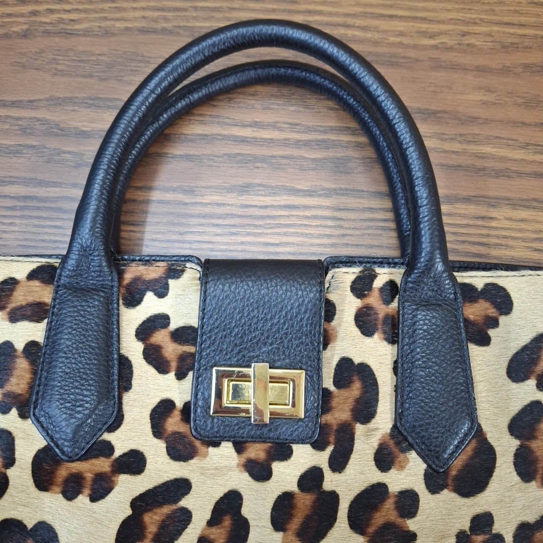 A. Bellucci Leopard Calf Hair Black Leather Satchel Bag Made In Italy Large