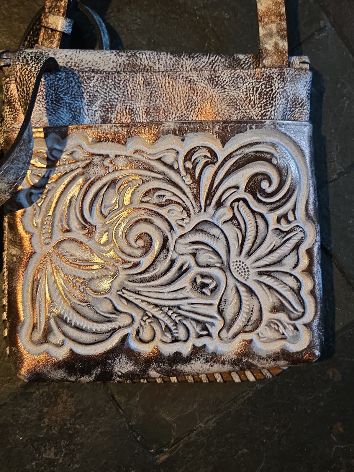 Patricia Nash -Metallic Gold-Tone Tooled Floral Flap over crossbody