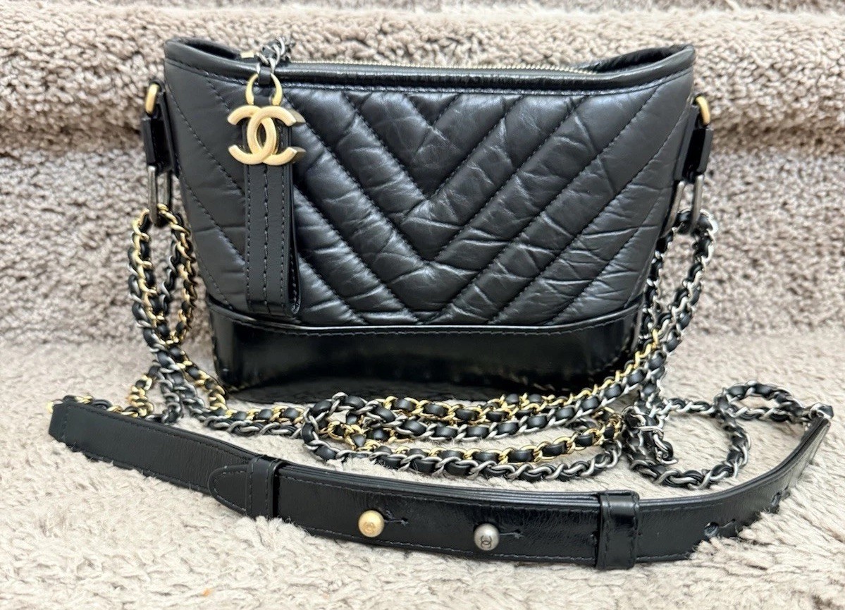 Chanel Gabrielle Hobo Bag Chevron Aged Calfskin Black Small GHW 100% Auth w COA