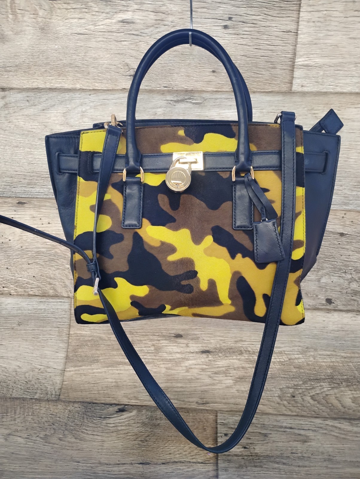 Michael Kors Sutton Acid Lemon Camo Calf Hair Satchel Bag Black Leather yellow