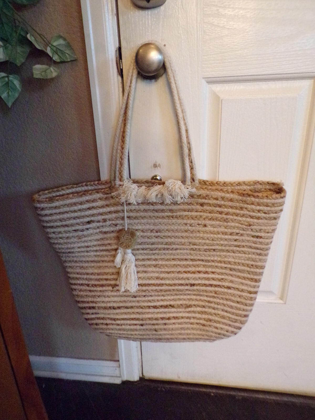 Cotton & Jute Woven Braid Tan/Beige Striped Large Carry All Basket/Bag/Tote