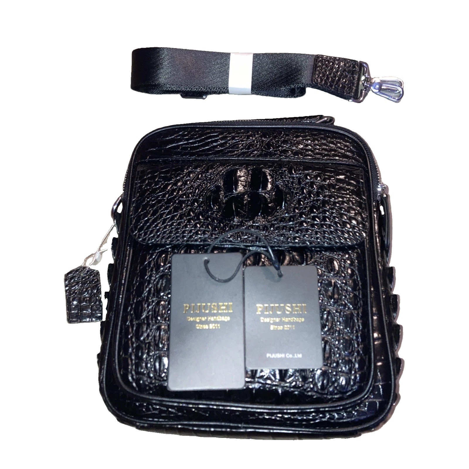 PIJUSHI Black Croc Embossed Crossbody Bag, Zip/Magnetic, Medium